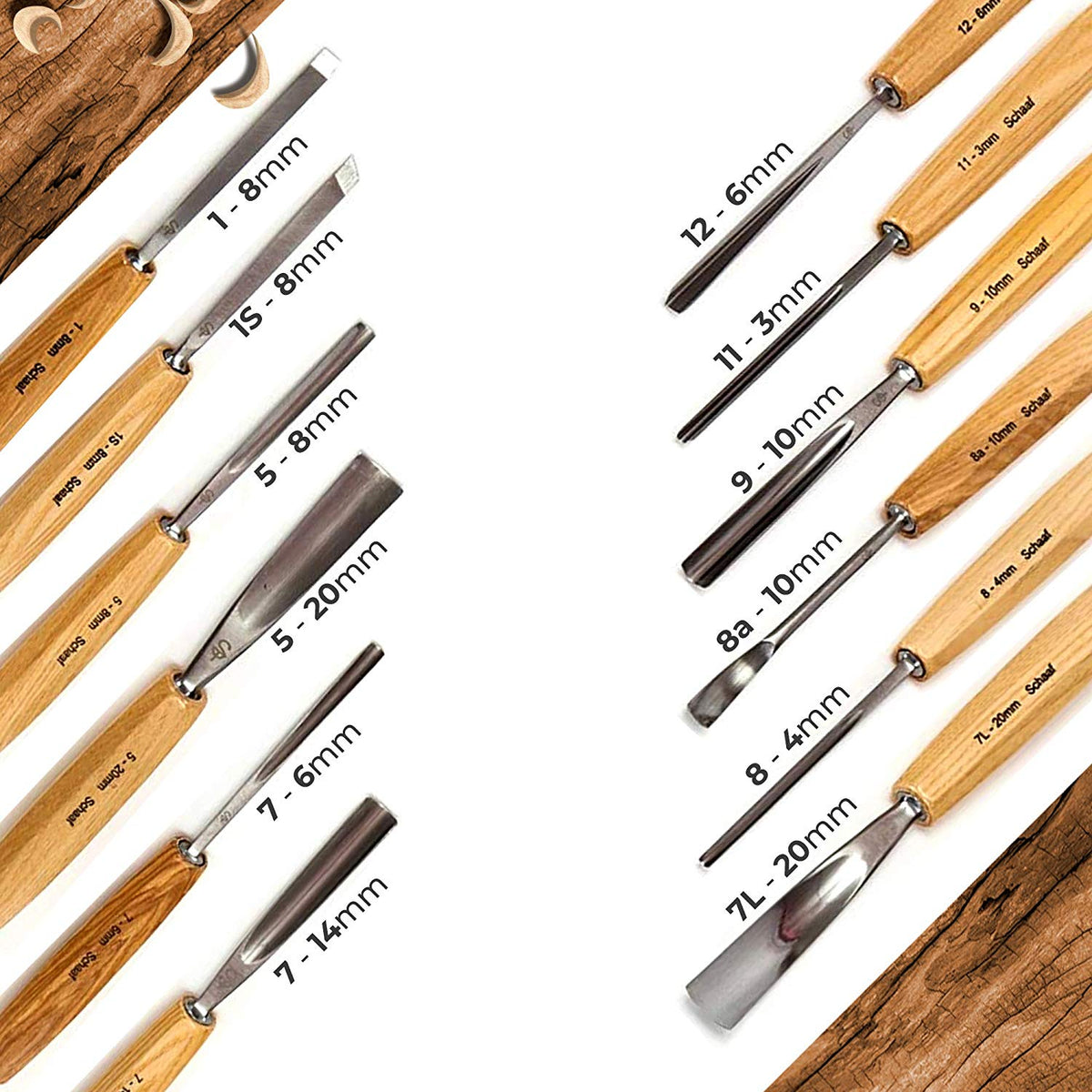 Schaaf Tools Schaaf Wood Carving Tools, 7pc Expansion Chisel Set with Canvas Case | Full Size Gouges for Beginners, Hobbyists and Profession