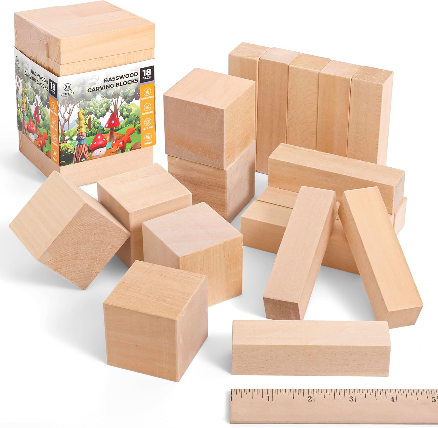Basswood Carving Blocks 18 Pack - 2 Sizes - (1x1x4) & (2x2x2) Unfinished Smooth Wood Blocks for Carving & Whittling