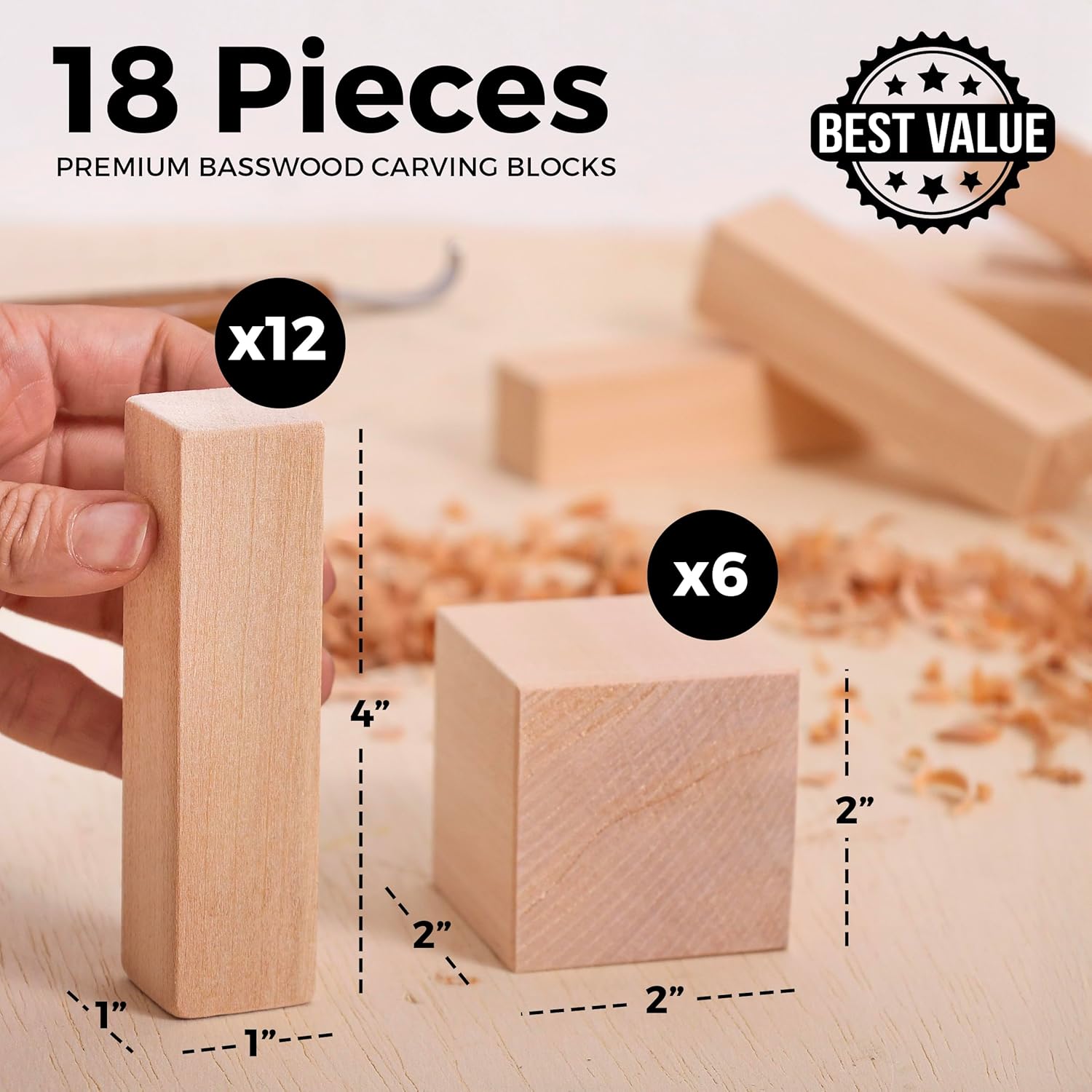 Basswood Carving Blocks 18 Pack - 2 Sizes - (1x1x4) & (2x2x2) Unfinished Smooth Wood Blocks for Carving & Whittling
