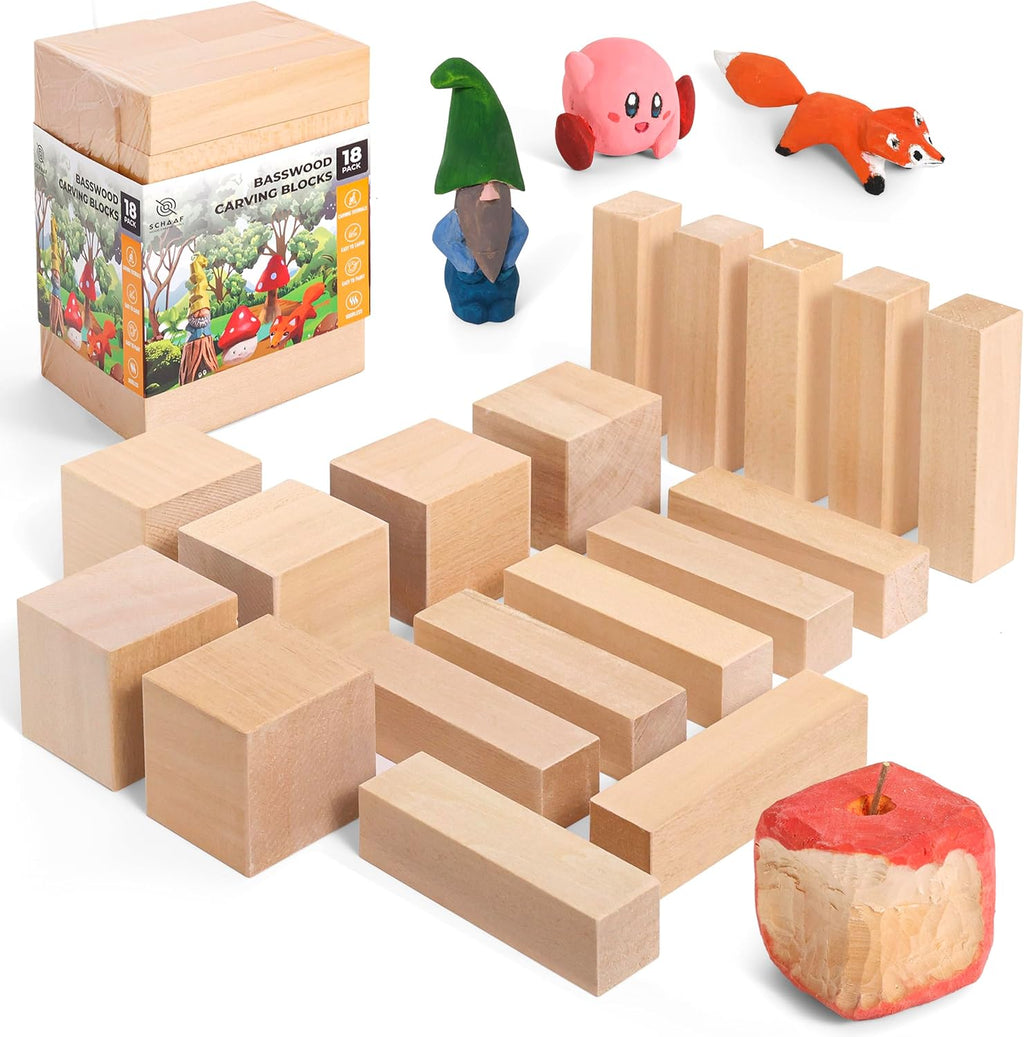 Basswood Carving Blocks 18 Pack - 2 Sizes - (1x1x4) & (2x2x2) Unfinished Smooth Wood Blocks for Carving & Whittling