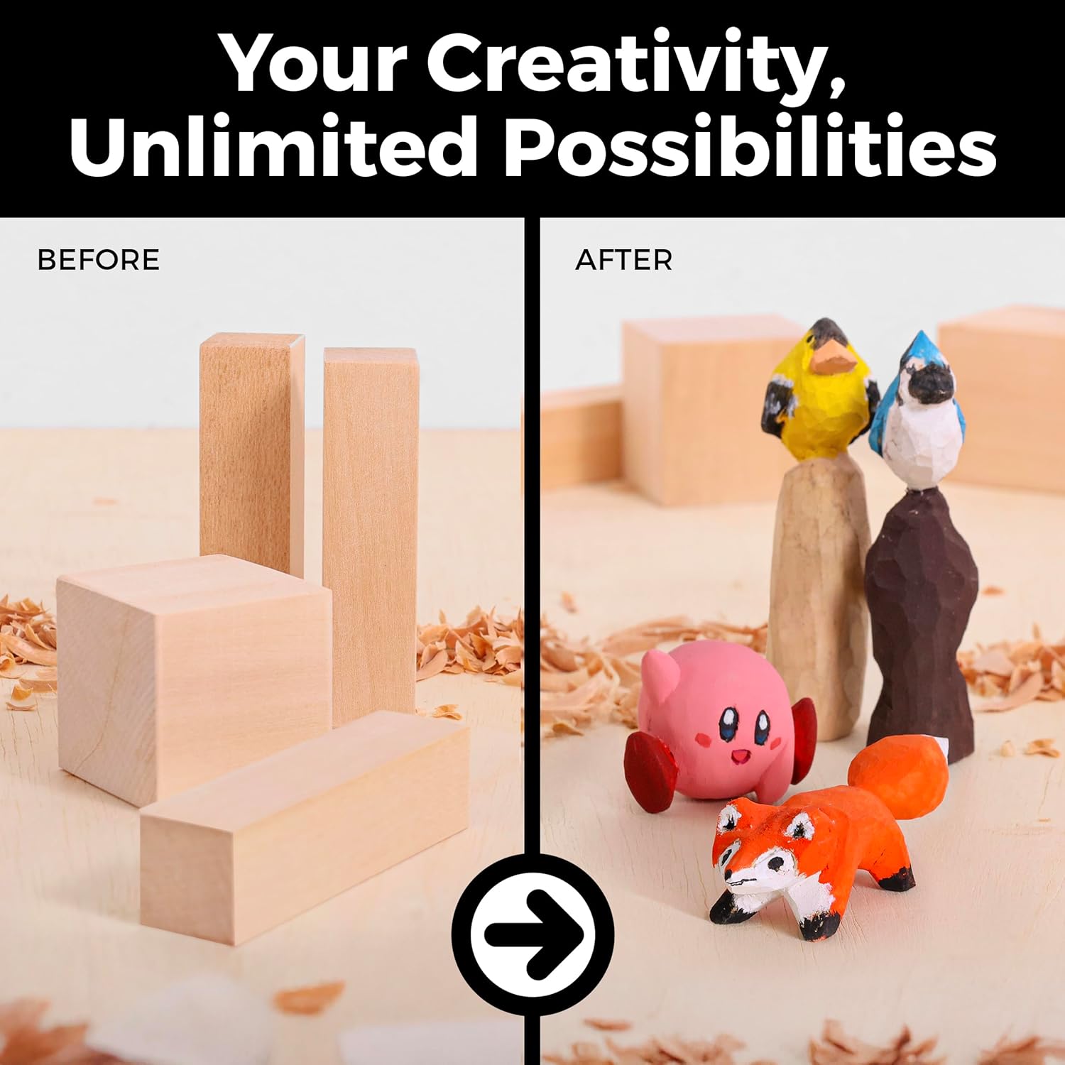 Basswood Carving Blocks 18 Pack - 2 Sizes - (1x1x4) & (2x2x2) Unfinished Smooth Wood Blocks for Carving & Whittling