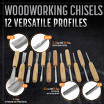 Full Size Wood Carving Tools Set of 12 - Foundation Chisels and Gouges for Beginners