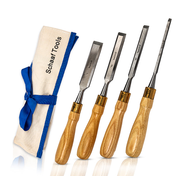 Schaaf Tools 4-Piece Wood Chisel Set | Finely Crafted Wood Chisels for Woodworking | Durable CR-V Steel Bevel Edged Blade, Tempered to 60HRC | Tool